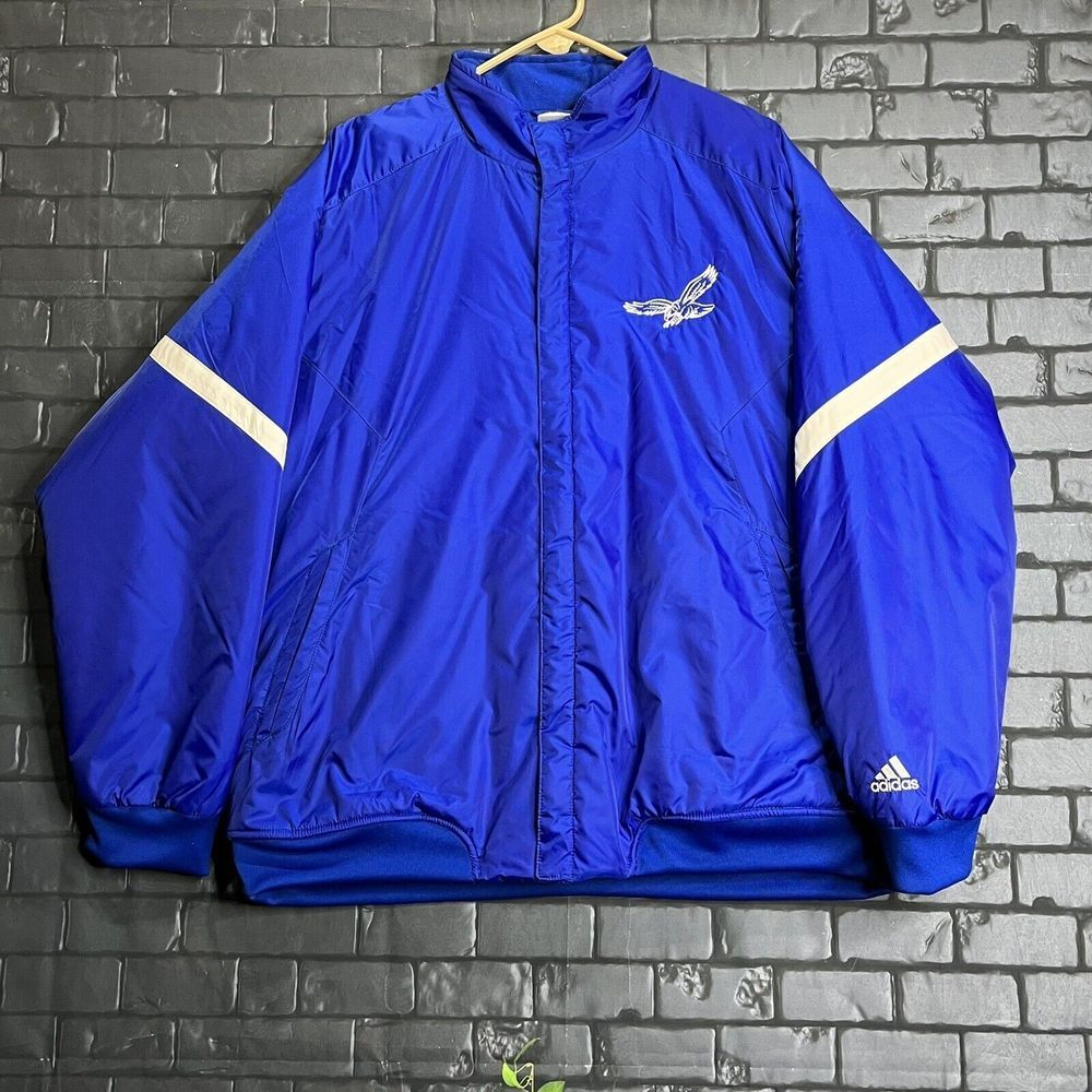 Vintage Adidas Bomber Puffer Jacket Men's L Bright Blue Button‎ Snap 3 Stripes